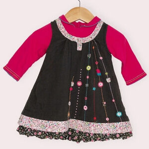 Catimini dress layered‎ brown and pink w/ floral embroidery size 6 months